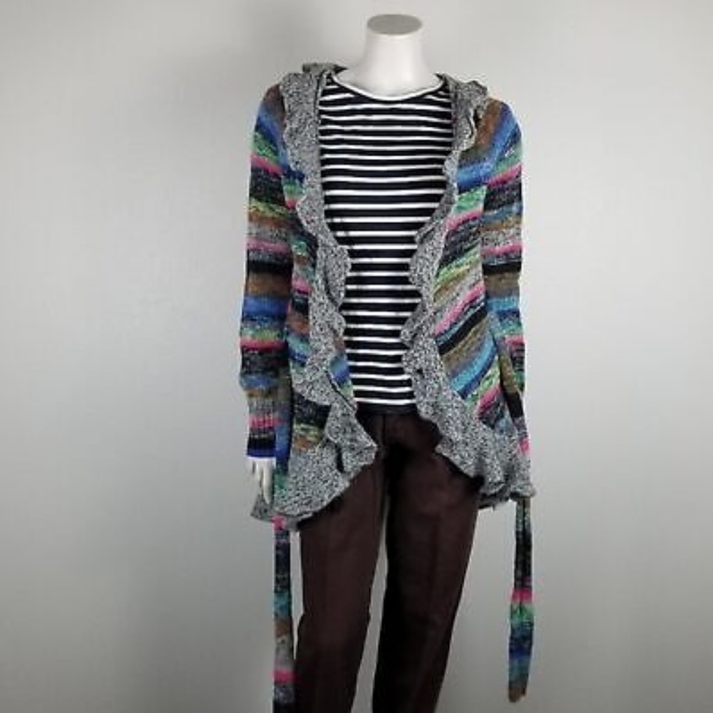 Anthropologie Moth Splash Of Color Rainbow Stripe Ruffle Trim Belt‎ Cardigan